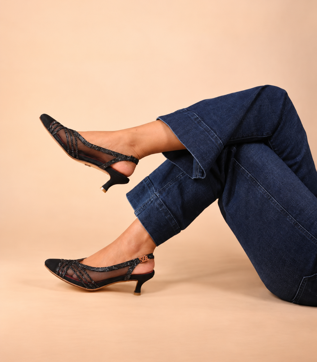 Sargam Sur - Black and Silver snake kitten heel